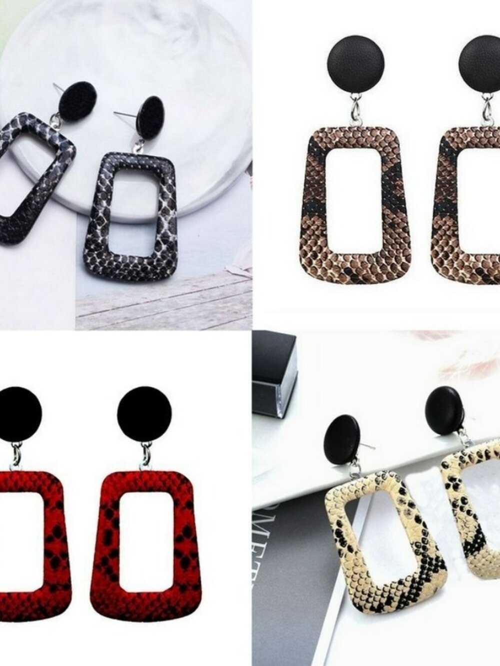 Briella Style Snake Skin Open Square Dangle Earrings Beige Black Gift Packaged - Picture 2 of 8